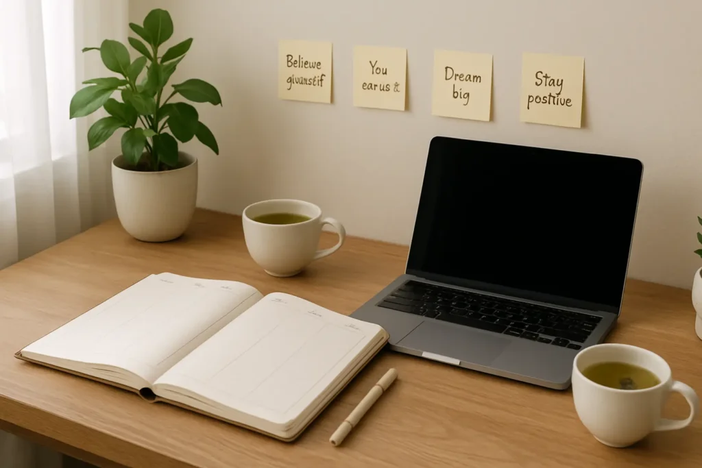 Osoba planująca tydzień przy biurku z otwartym planerem i filiżanką kawy