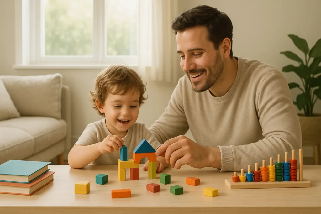 Rodzic trzymający za rękę małe dziecko na placu zabaw.